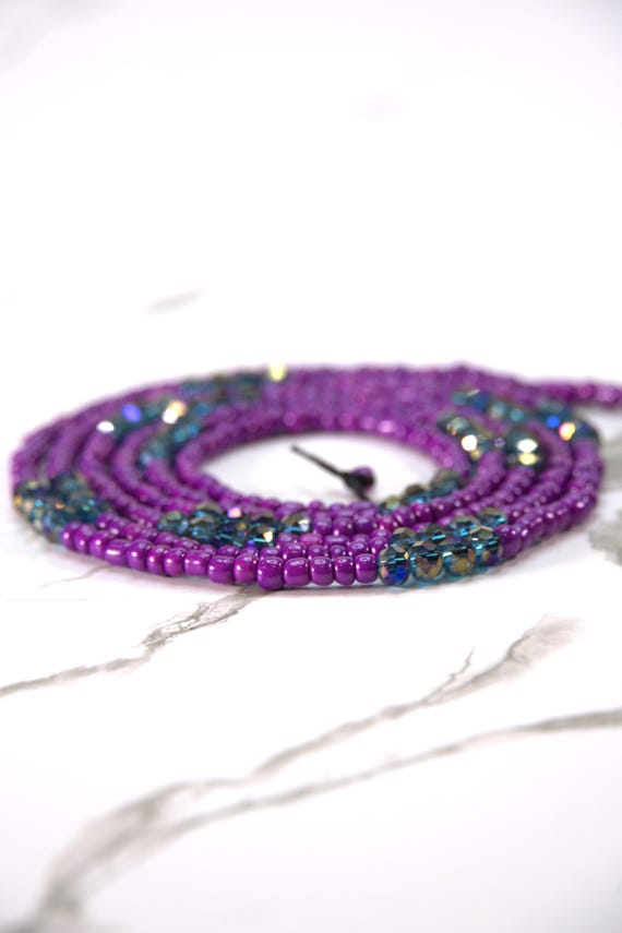 Royal Amethyst Waist Beads – Purple & Iridescent Crystal Accents|Traditional Tie On| Plus Size Waistbeads