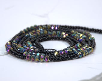 Midnight Mystique Waist Beads – Black & Iridescent Crystal Elegance|Traditional Tie On| Plus Size Waistbeads