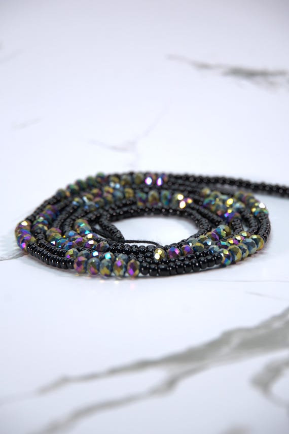 Midnight Mystique Waist Beads – Black & Iridescent Crystal Elegance|Traditional Tie On| Plus Size Waistbeads