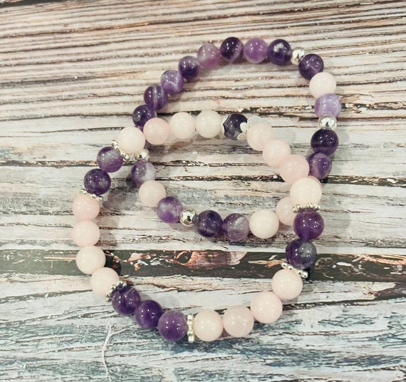 Amethyst and Rose Quartz Bracelet Set - Handmade Gemstone Jewelry for Love, Healing, and Balance