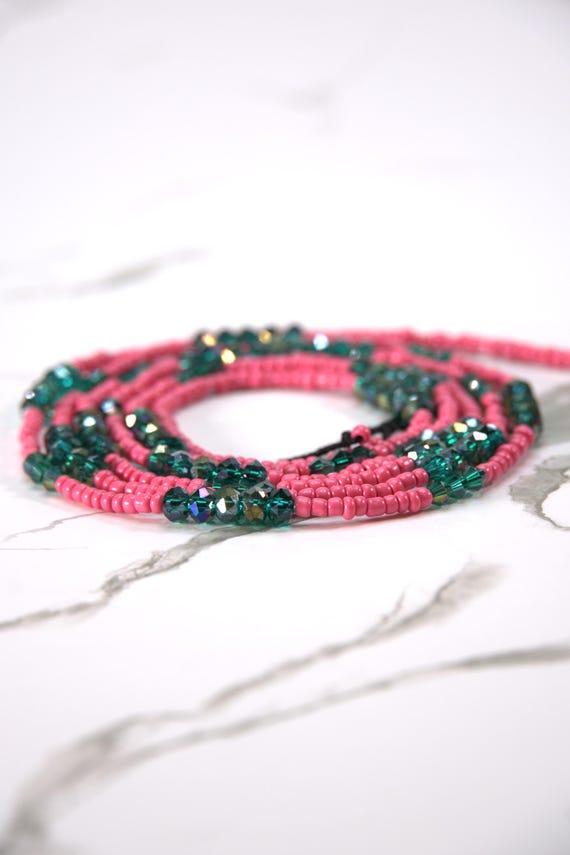 Emerald Melon Waist Beads – Watermelon & Iridescent Green Crystal Bliss|Traditional Tie On| Plus Size Waistbeads