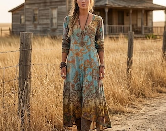 Boho Maxi Dress Paisley Hippie Dress Long Sleeve V Neck Ethnic Festival Boho Dress
