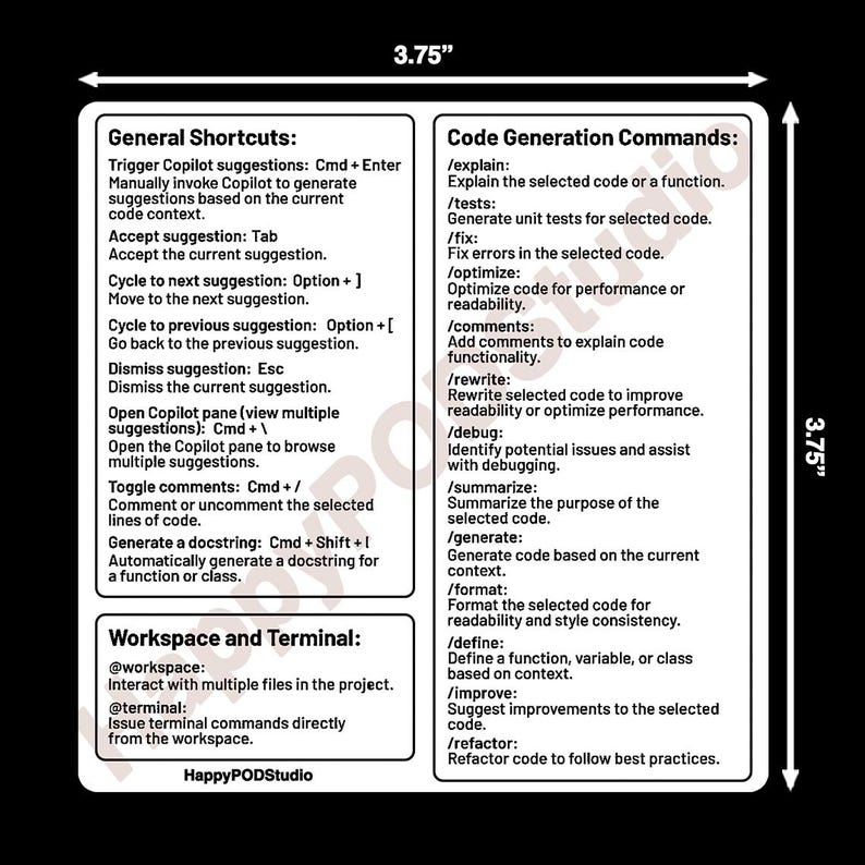 Może przedstawiać: Przewodnik po używaniu edytora kodu Copilot, ze skr&oacute;tami klawiaturowymi i poleceniami do og&oacute;lnego użytku, generowania kodu i interakcji z przestrzenią roboczą i terminalem. Przewodnik zawiera polecenia takie jak /explain, /tests, /fix, /optimize, /comments, /rewrite, /debug, /summarize, /generate, /format, /define, /improve i /refactor.