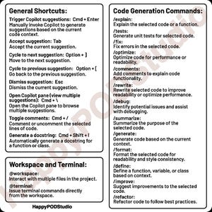 Może przedstawiać: Wizualny przewodnik po korzystaniu z asystenta kodu Copilot w oprogramowaniu HappyPODStudio. Przewodnik zawiera listę og&oacute;lnych skr&oacute;t&oacute;w klawiszowych i poleceń generowania kodu dla oprogramowania. Przewodnik zawiera r&oacute;wnież informacje o interakcji z przestrzenią roboczą i terminalem.