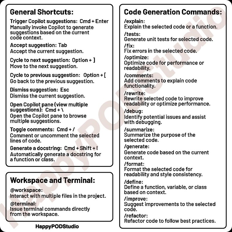Może przedstawiać: Wizualny przewodnik po korzystaniu z asystenta kodu Copilot w oprogramowaniu HappyPODStudio. Przewodnik zawiera listę og&oacute;lnych skr&oacute;t&oacute;w klawiszowych i poleceń generowania kodu dla oprogramowania. Przewodnik zawiera r&oacute;wnież informacje o interakcji z przestrzenią roboczą i terminalem.