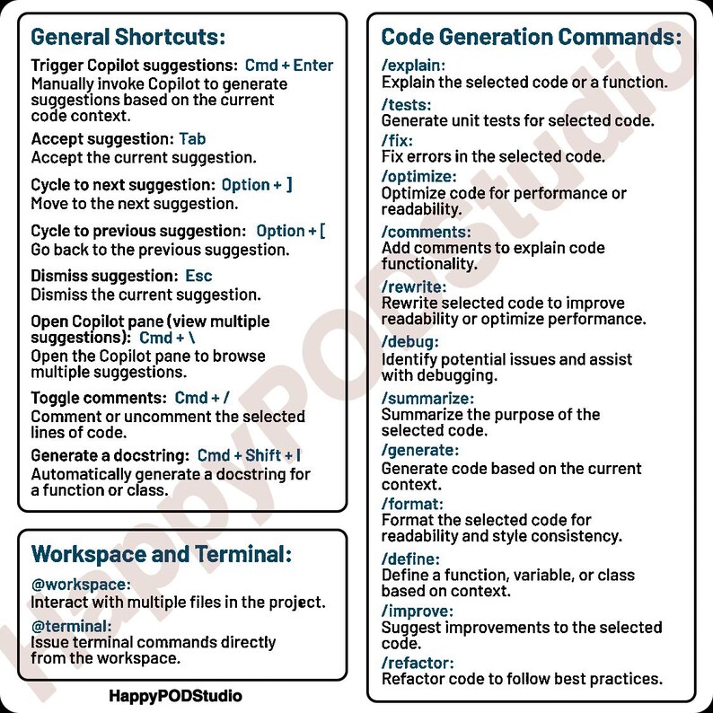 Może przedstawiać: Wizualny przewodnik po używaniu narzędzia do generowania kodu Copilot w oprogramowaniu HappyPODStudio. Przewodnik zawiera listę skr&oacute;t&oacute;w klawiszowych do og&oacute;lnego użytku i poleceń generowania kodu. Polecenia obejmują wyjaśnienie, testy, naprawę, optymalizację, komentarze, przepisanie, debugowanie, podsumowanie, generowanie, formatowanie, definiowanie, ulepszanie i refaktoryzację.