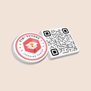 May include: A white, round button with the text "FIB TUTORS LEARNING CENTER" in a red and white design, and a white, square QR code. The button features a red hexagon with a graduation cap and lightbulb icon. The QR code is black and white.