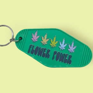 Flower Power Marijuana Leaf  Green Motel Keychain - flower power