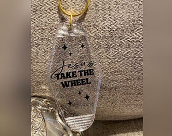 Jesus Take The Wheel Clear Glitter Motel Keychain - Motel Keychain