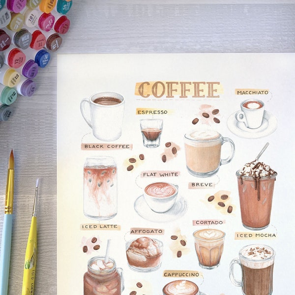 Coffee Drink Print | Food Illustration, Espresso Drink Beverage Art | Gift for Foodies, Coffee Lovers | Kitchen Decor | 8 x 10 Art Print