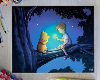 May include: A hand-drawn illustration of Winnie the Pooh and a boy sitting on a tree branch under a starry night sky. The boy is holding a glowing firefly in his hand and Winnie the Pooh is looking at it.