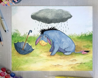 May include: A watercolor painting of Eeyore the donkey from Winnie the Pooh, sitting under a gray rain cloud with a blue umbrella lying on the ground. Eeyore looks sad and is holding his head in his hooves.