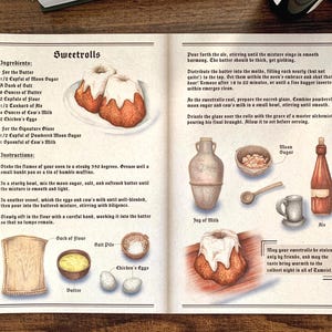 Könnte beinhalten: Ein handgezeichnetes Rezept für Sweetrolls mit Illustrationen der Zutaten und Schritte. Das Rezept enthält Zutaten wie Mondsüss, Kuhmilch und Hühnereier. Das Rezept enthält auch Anweisungen zum Backen der Sweetrolls in einem 550 Grad heißen Ofen. Das Rezept endet mit einem Hinweis darauf, dass die Sweetrolls ein Geschenk für Freunde sind.
