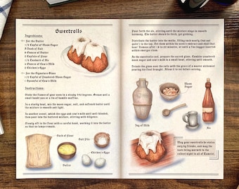 May include: A hand-drawn recipe for sweetrolls with illustrations of the ingredients and steps. The recipe includes ingredients like moon sugar, cow's milk, and chicken's eggs. The recipe also includes instructions for baking the sweetrolls in a 550 degree oven. The recipe ends with a note about the sweetrolls being a gift for friends.