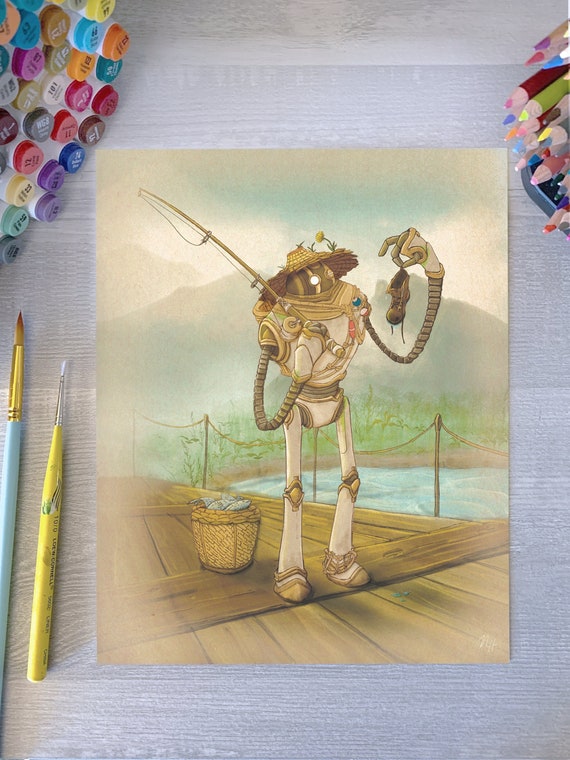 Einar Fishing Robot Art Print | Palia Fan Art, Cozy Indie Game Decor