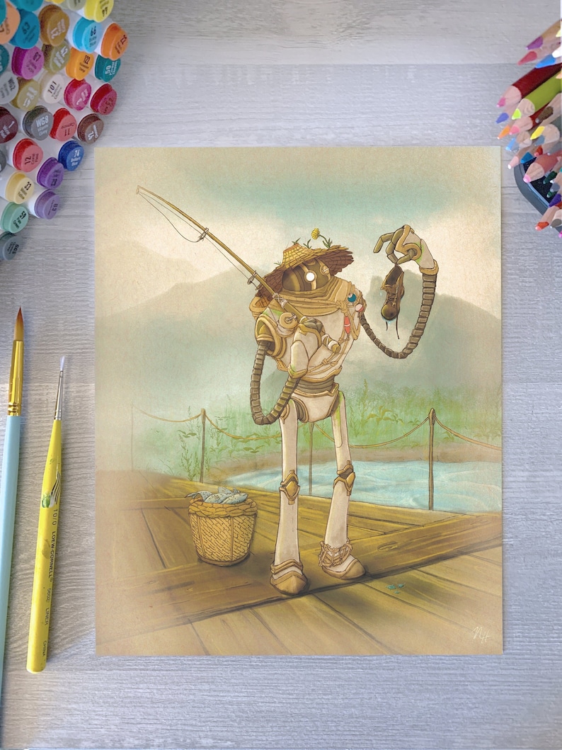 May include: A white robot with a straw hat and a fishing rod stands on a wooden dock. The robot is holding a fish in one hand and a boot in the other. There is a basket of fish on the dock.