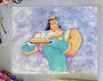 May include: A cartoon illustration of a man with a brown beard and mustache wearing a green and yellow jumpsuit holding a plate of steaming food. The background is a light purple with white clouds.