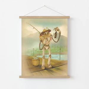 May include: A white robot with a straw hat and a fishing rod stands on a wooden dock. The robot is holding a fish in its hand. There is a basket of fish on the dock.