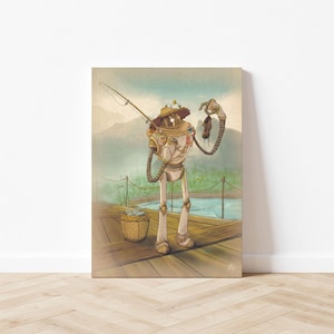Einar Fishing Robot Art Print | Palia Fan Art, Cozy Indie Game Decor 5x7