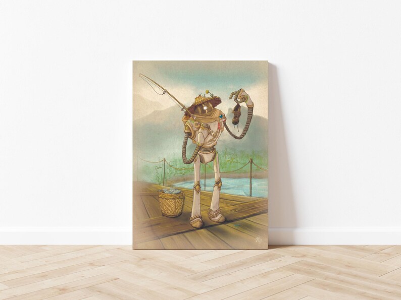 Einar Fishing Robot Art Print | Palia Fan Art, Cozy Indie Game Decor 5x7