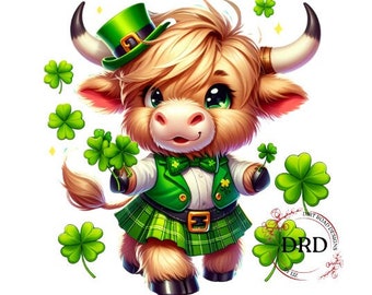 Cute St Patrick's Day Highland Cow Png, Highland Cow Clipart, St Patrick's Clipart, Highland Cow Digital Download Sublimation Design