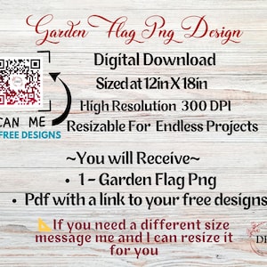Pu&ograve; includere: Download digitale di design per bandiera da giardino, dimensioni 30.5cm x 45.7cm. Include un codice QR per design gratuiti. Alta risoluzione e ridimensionabile per vari progetti. Include PDF con link.