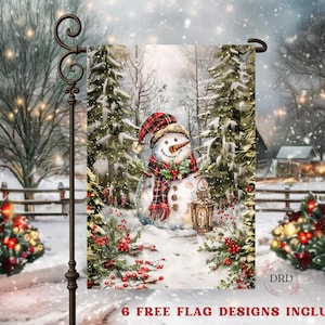 Snowman Christmas Garden Flag PNG, Plaid Scarf Snowman with Lantern Sublimation Design, Rustic Farmhouse Winter Flag Digital Download