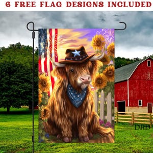 Bandera de jardín con diseño de sublimación de vaca patriótica con girasoles, bandera del Día de la Independencia, bandera rústica para jardín, descarga digital PNG