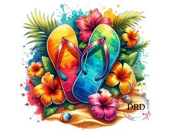 Tongs plage sublimation design, clipart tropical coloré, été des cliparts png, clipart de chemise de plage, dessins de plage bohème, clipart floral