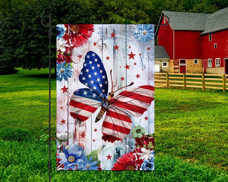 May include: A garden flag featuring a butterfly with wings designed as the American flag, set against a rustic wooden background. Red, white, and blue floral accents and stars complete the patriotic theme.