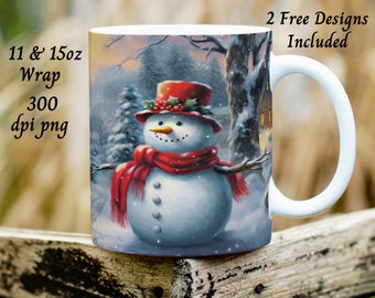 Snowman Christmas Mug Wrap, Christmas mug Template png, 11oz and 15oz mug Sublimation Design, 3d  PNG, Snowman png, Winter mug design