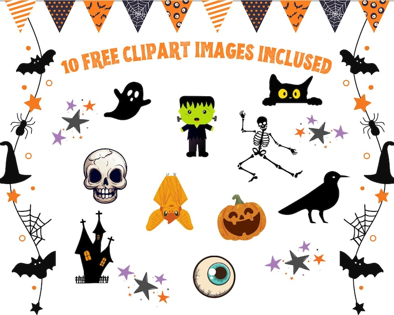 May include: A set of 10 free Halloween clipart images, including a ghost, Frankenstein, a skeleton, a bat, a spider, a witch's hat, a pumpkin, a crow, a haunted house, and an eyeball.  The images are in a cartoon style and are perfect for adding a spooky touch to your Halloween projects.