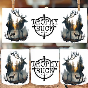 Trophy Buck herten mok wrap png, dubbele belichting Wildlife ontwerp, Forest Hunter sublimatie, 11oz 15oz koffiekopje sjabloon digitale download