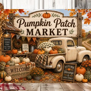 May include: A decorative sign featuring a vintage beige pickup truck loaded with pumpkins and flowers. The sign displays the text Pumpkin Patch Market, Welcome, and Autumn Blessings & Good Things, surrounded by autumn leaves and rustic farm decor.