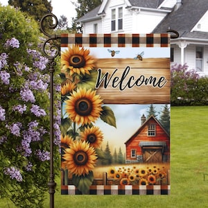 Sunflower Bee Welcome Garden Flag PNG – Rustic Wood Background, Buffalo Plaid Border, Farmhouse Welcome Sublimation Design Digital Download