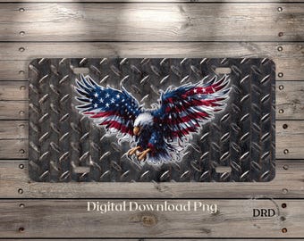 American Flag Eagle Diamond Plate License Plate PNG, Patriotic Metal Design, Bald Eagle USA Sublimation, Rustic Truck Tag, Digital Download