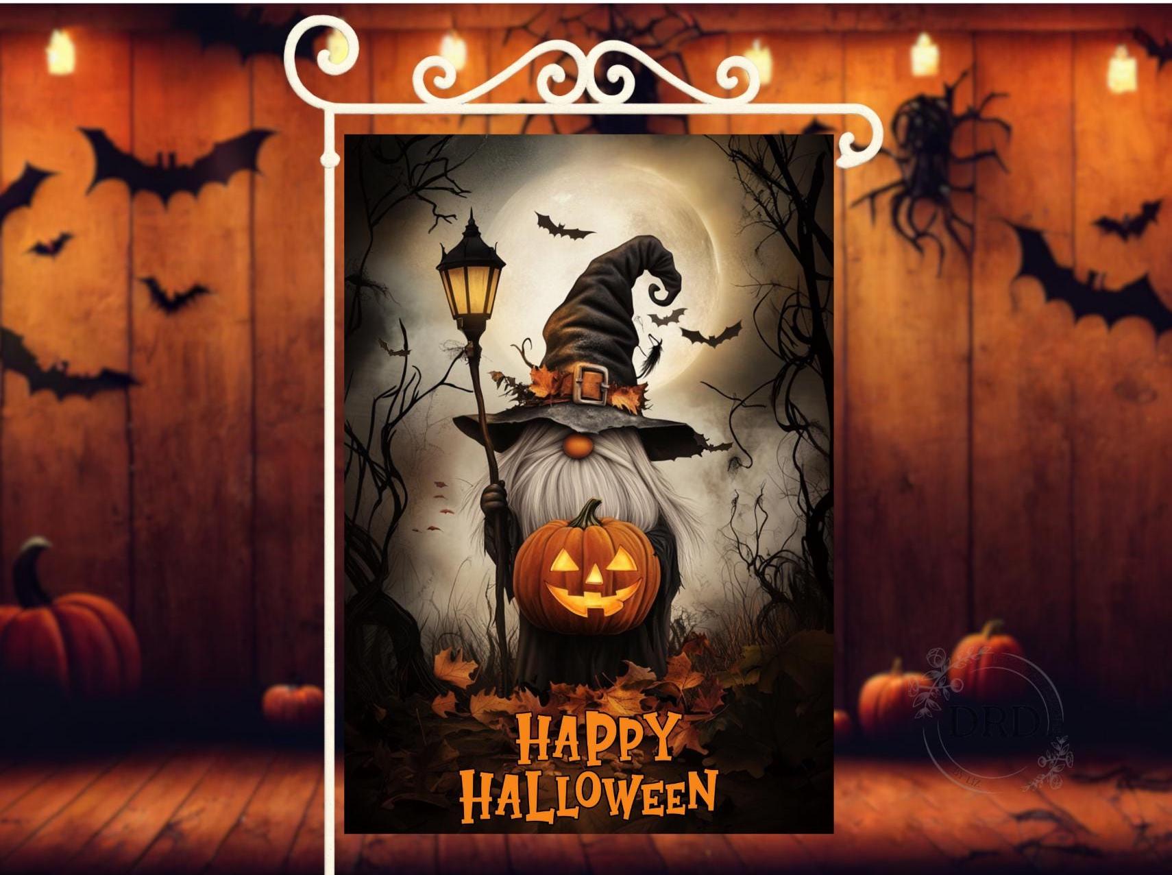 Glücklicher Halloween-Zwerg-Gartenfahne PNG - Hexenhut-Zwerg mit