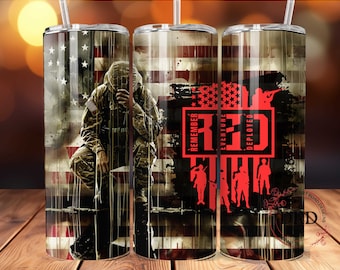 May include: A stainless steel tumbler with a patriotic design featuring an American flag, a soldier, and the text "Remember Everyone Deployed - RED".