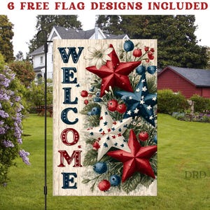 Bandiera da giardino patriottica americana di benvenuto in formato PNG, stampa a sublimazione per il 4 luglio, stelle rosse, bianche e blu, decorazioni estive per il giardino, download digitale in formato PNG