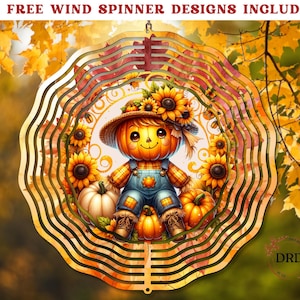 Könnte beinhalten: Ein dekorativer Windspinner mit einer Cartoon-Figur, einer Kürbiskopf-Strohpuppe, Latzhose und Strohhut, umgeben von Sonnenblumen und Kürbissen. Das Design befindet sich in einem mehrschichtigen, kreisförmigen Rahmen. Der Text "~12 FREE WIND SPINNER DESIGNS INCLUDED~" steht oben.