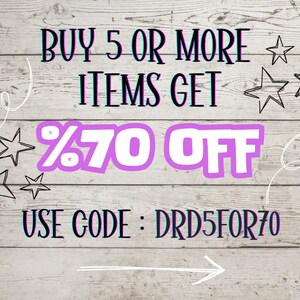 May include: A graphic on a wood background with a pink and white sale announcement. The text reads "BUY 5 OR MORE ITEMS GET %70 OFF USE CODE: DRD5FOR70".