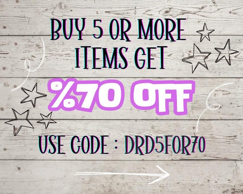 May include: A graphic on a wood background with a pink and white sale announcement. The text reads "BUY 5 OR MORE ITEMS GET %70 OFF USE CODE: DRD5FOR70".