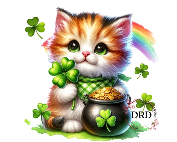 Cute Kitten St Patrick's Day Png, Cute Cat Clipart, St Patrick's Clipart, Lucky Png, Clover Png, Digital Download Sublimation Design