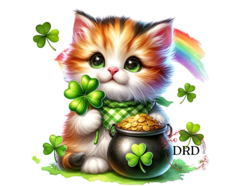 May include: A cute orange and white kitten wearing a green and white checkered scarf holds a four-leaf clover and a pot of gold. A rainbow is in the background.