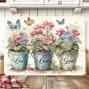 Tabla de cortar floral con diseño de sublimación, tabla de cortar rústica "Vive, ama, crece" PNG, diseño de tabla de cortar, tabla de cortar de vidrio digital PNG