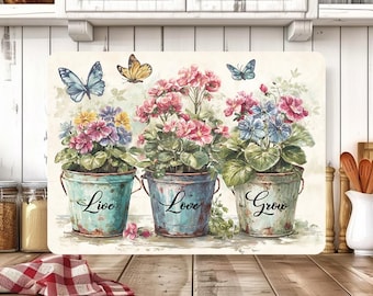 Floral Cutting Board Sublimation Design, Live, Love, Grow Rustic Chopping Board Png, Cutting Board Design, Glass Cutting Board Digital Png