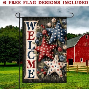 Bandiera da giardino patriottica americana di benvenuto in formato PNG, effetto ricamato, stampa a sublimazione del 4 luglio, stelle rosse, bianche e blu, download digitale, decorazione USA