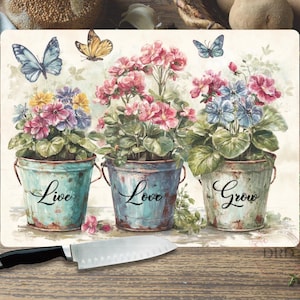 Floral Cutting Board Sublimation Design, Live, Love, Grow Rustic Chopping Board Png, Cutting Board Design, Glass Cutting Board Digital Png