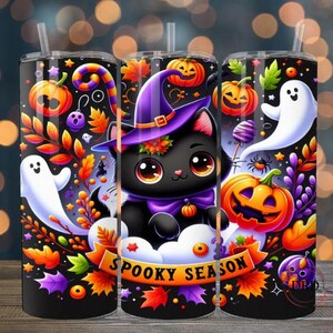Envoltura de vaso de Halloween de gato lindo, diseño de sublimación delgada de 20 oz, temporada espeluznante, vaso de gato lindo png, vaso de bruja, envoltura de fantasma lindo