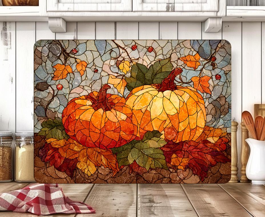 Stained Glass Pumpkin Cutting Board PNG, Autumn Leaves Fall